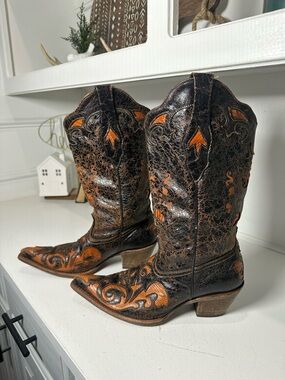 Corral Boots Lizard Inlay Cowboy Womens 8.5M Distressed Brown Leather Western